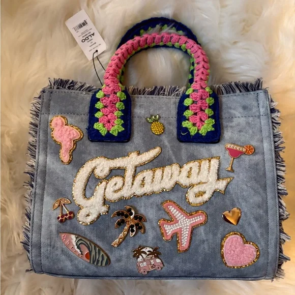 Aldo Stylish Denim Tote Bag with Colorful Patches - Picture 3 of 5